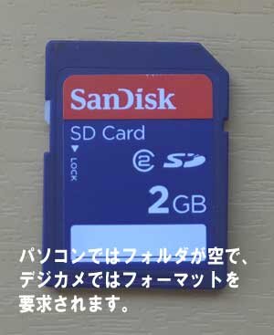 SDカードがパソコンでは、開くことができます。フォルダは空でデジカメではフォーマットを表示